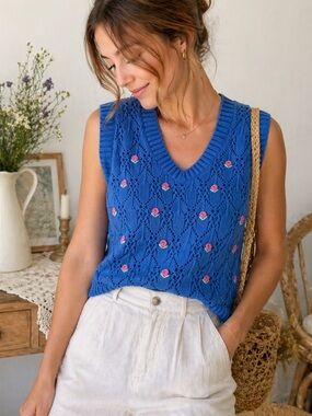 Zara Royal Blue Knit Sleeveless Vest with Pink & Mint Embroidered Accents